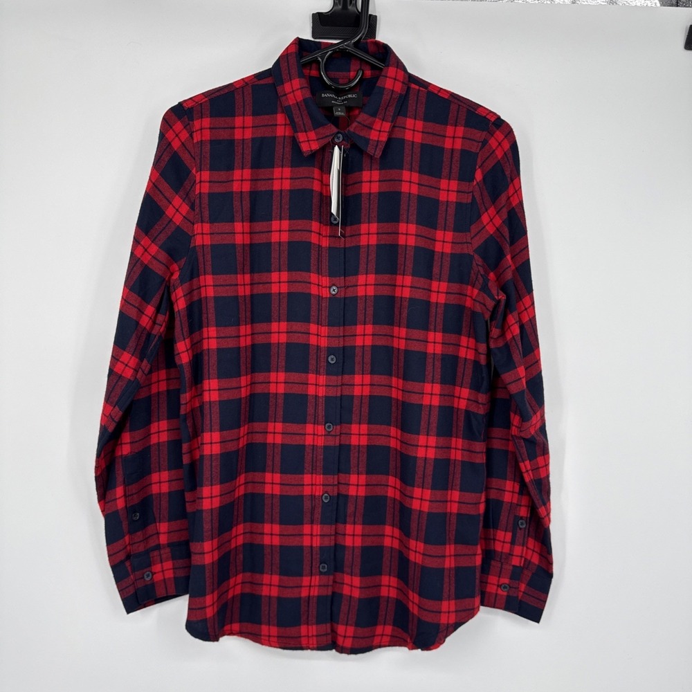 NWT Banana Republic Women's Red Black Plaid‎ Boyfriend Fit Shirt Small Gingham
